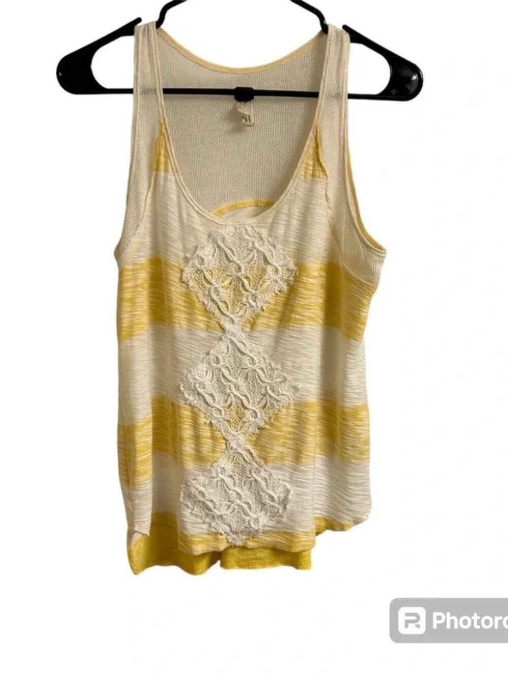 Free People We The Free XS Yellow Stripe Mesh Lace Front Raw Hem Tank Top Y2K